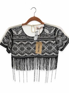 Naanaa Women’s Black & White Sheer Lace Fringe Crop Top – Size S – New With Tags